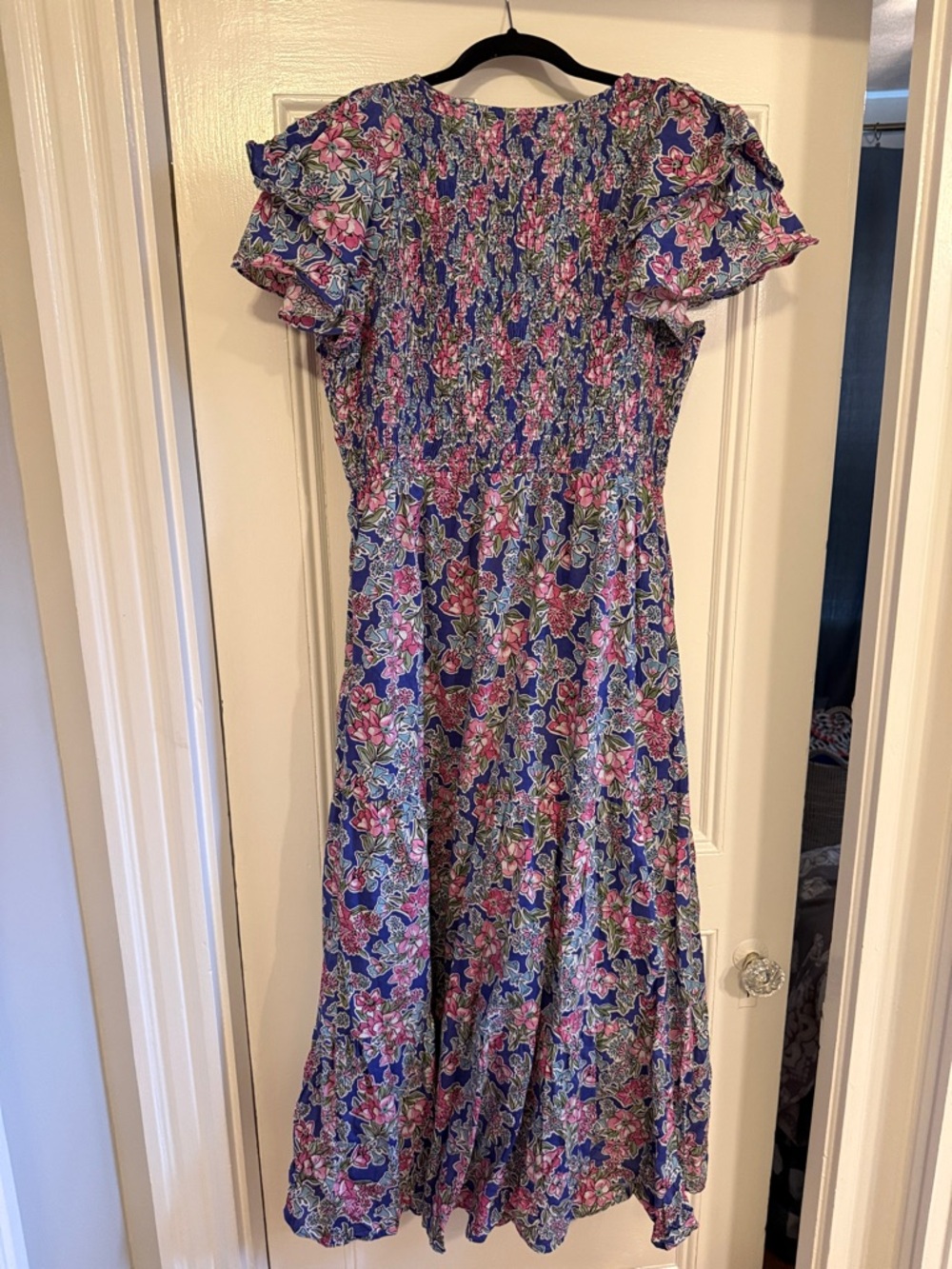 Banjanan Blue Floral Smocked Midi Dress with Pink & Green Accents size large - Picture 6 of 8